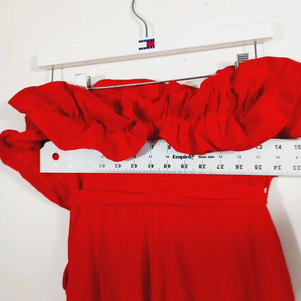 Ambition, Med., Red Strapless Linen Blend Jumpsuit W/ Ruffled Top, Calf Length - Picture 8 of 13